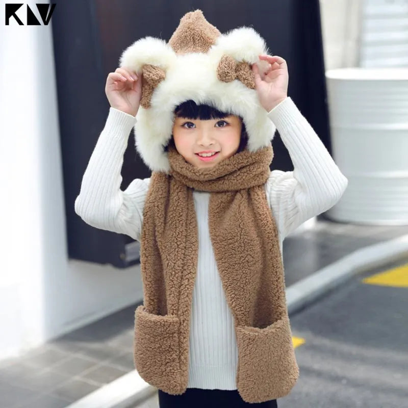 KLV Kids 3 in 1 Warm Plush Winter Hat Cute