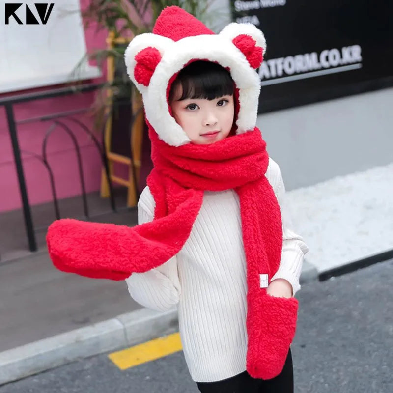 KLV Kids 3 in 1 Warm Plush Winter Hat Cute