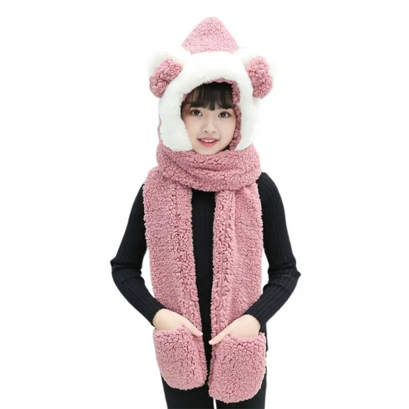 KLV Kids 3 in 1 Warm Plush Winter Hat Cute