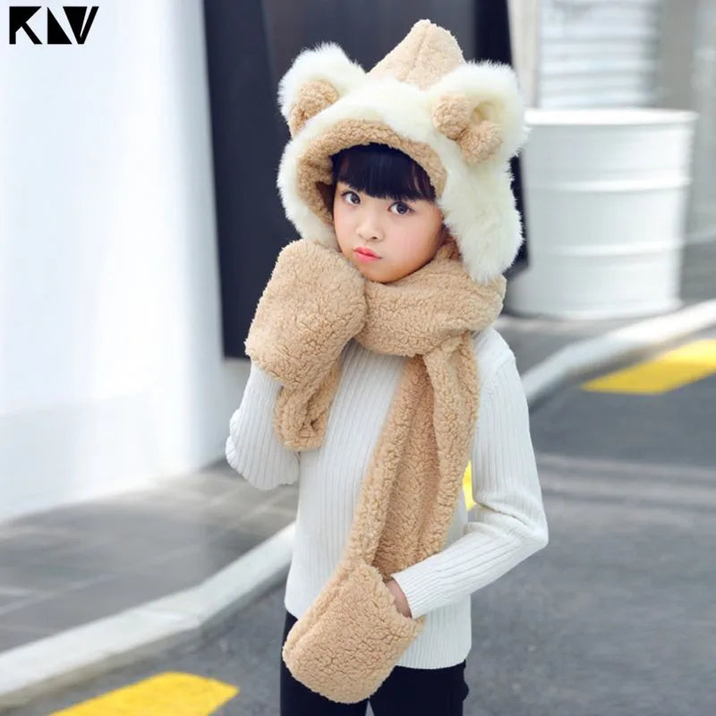 KLV Kids 3 in 1 Warm Plush Winter Hat Cute