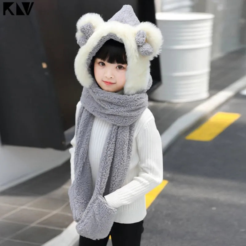 KLV Kids 3 in 1 Warm Plush Winter Hat Cute