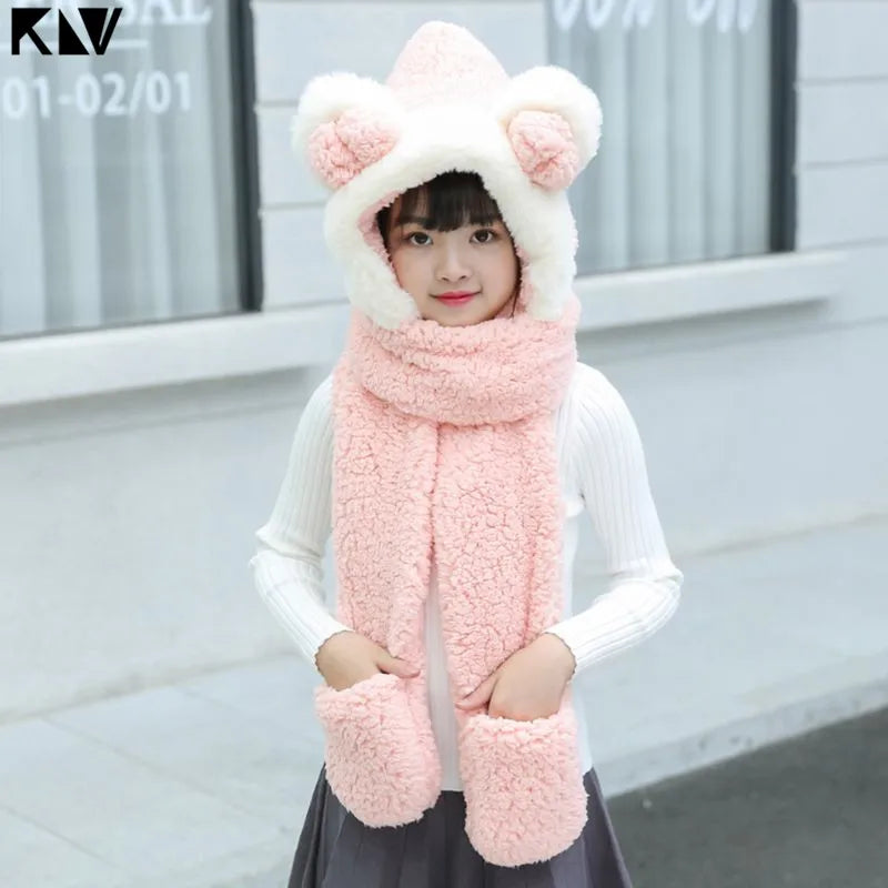KLV Kids 3 in 1 Warm Plush Winter Hat Cute