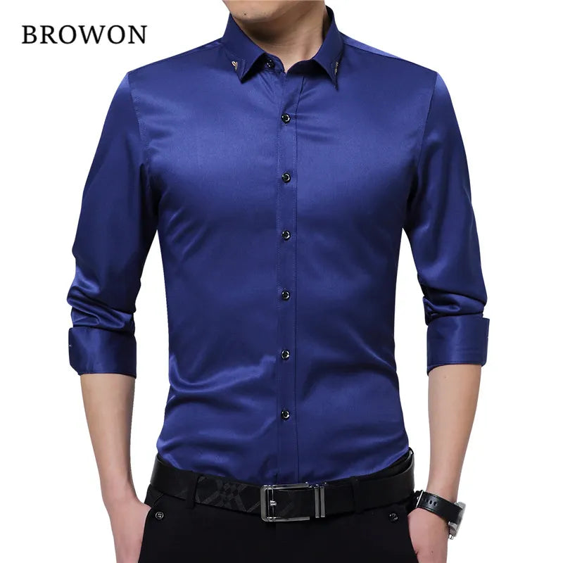 Brand Silky Formal Shirt Men Classic Business Long Sleeve Solid Color