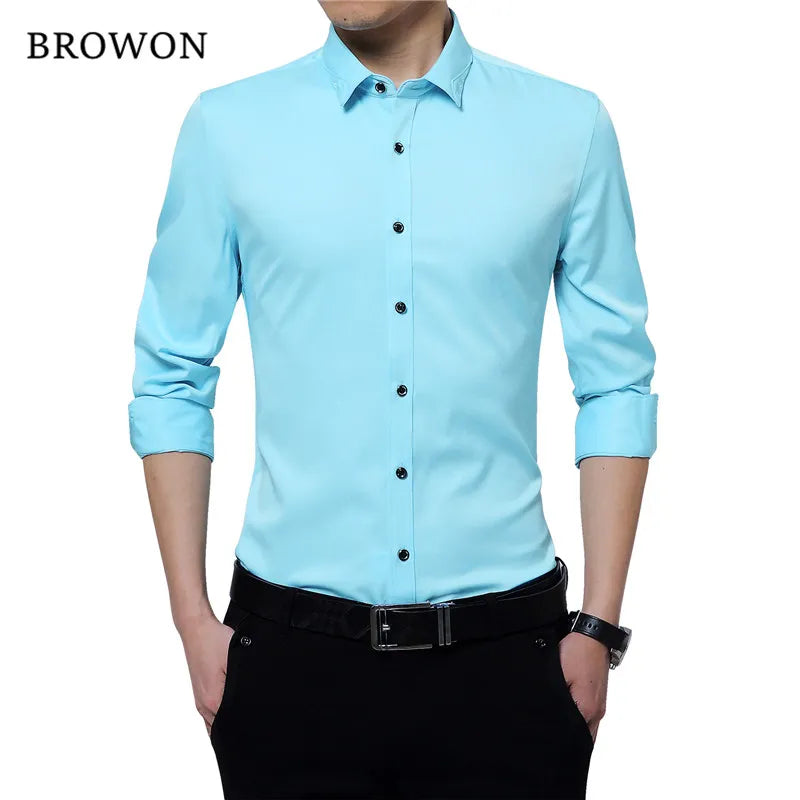 Brand Silky Formal Shirt Men Classic Business Long Sleeve Solid Color