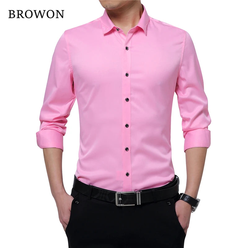 Brand Silky Formal Shirt Men Classic Business Long Sleeve Solid Color