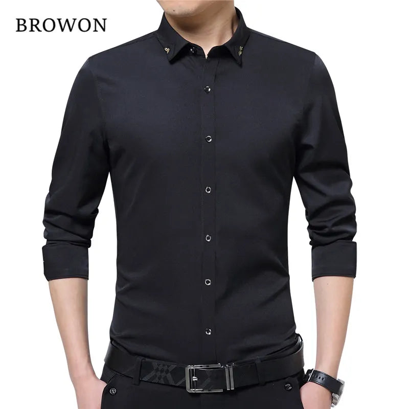 Brand Silky Formal Shirt Men Classic Business Long Sleeve Solid Color