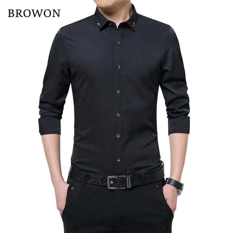 Brand Silky Formal Shirt Men Classic Business Long Sleeve Solid Color