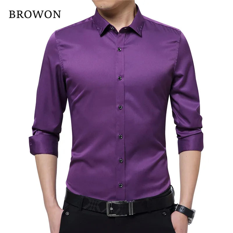 Brand Silky Formal Shirt Men Classic Business Long Sleeve Solid Color