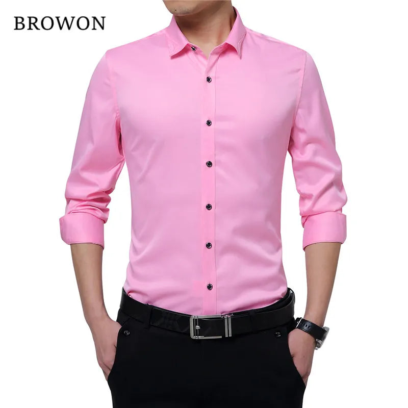 Brand Silky Formal Shirt Men Classic Business Long Sleeve Solid Color