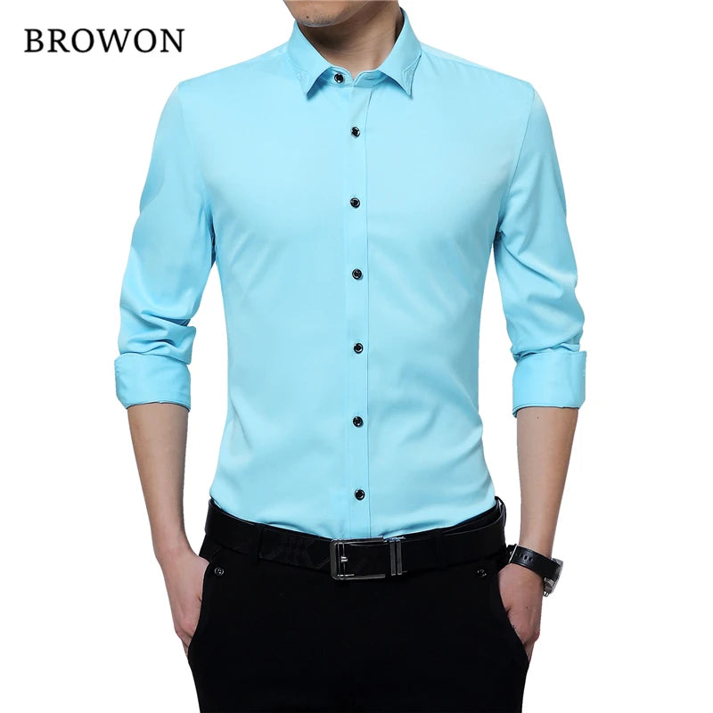 Brand Silky Formal Shirt Men Classic Business Long Sleeve Solid Color