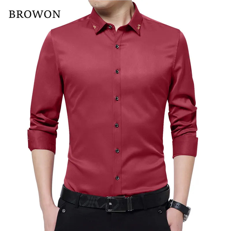 Brand Silky Formal Shirt Men Classic Business Long Sleeve Solid Color