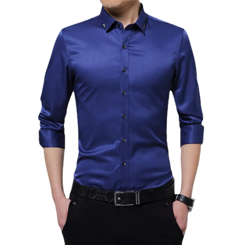 Brand Silky Formal Shirt Men Classic Business Long Sleeve Solid Color